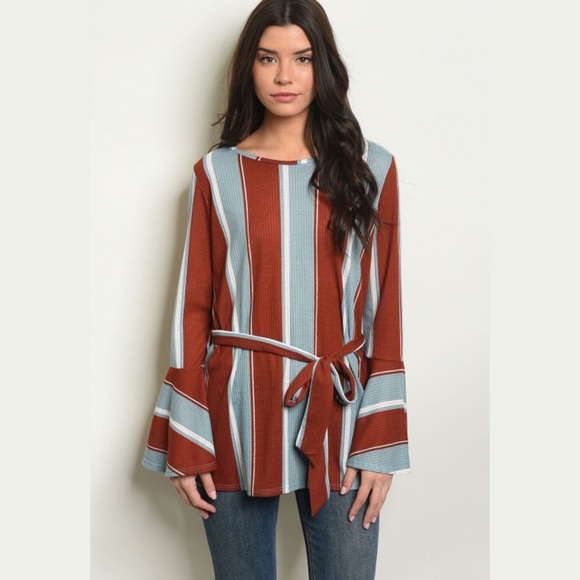 BLUE & RUST STRIPED—BELTED TUNIC W/ BELL SLEEVES!! BNWT!! - Picture 2 of 5